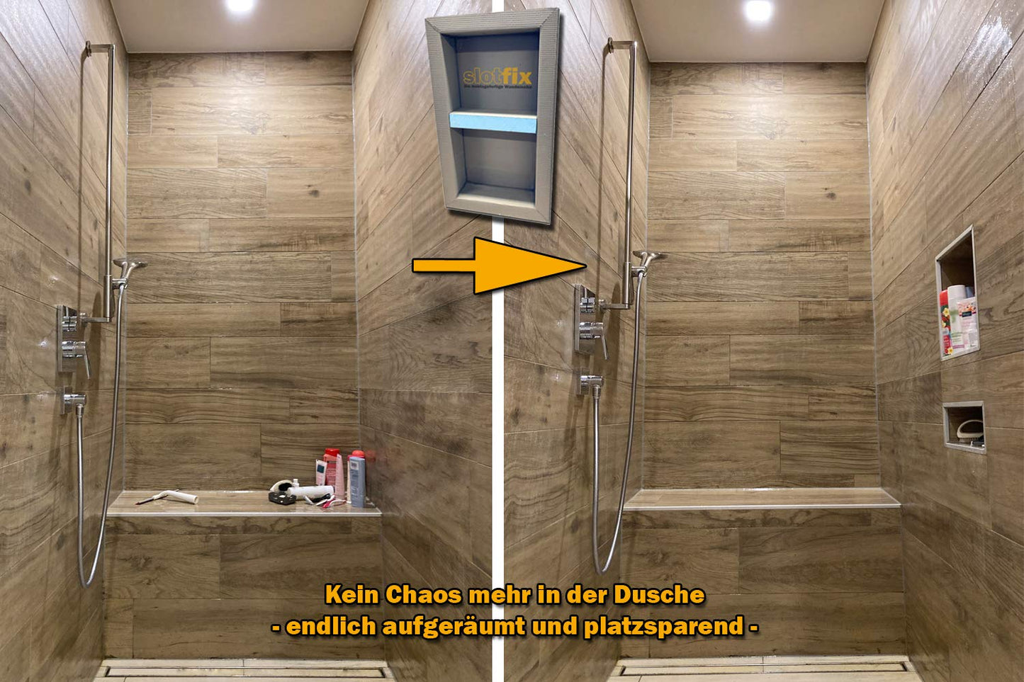 slotfix® tileable ready-to-install wall niche 60x30x10cm as a shower shelf in drywall provides more storage space in bathroom & Co. Exclusive storage with center divider.