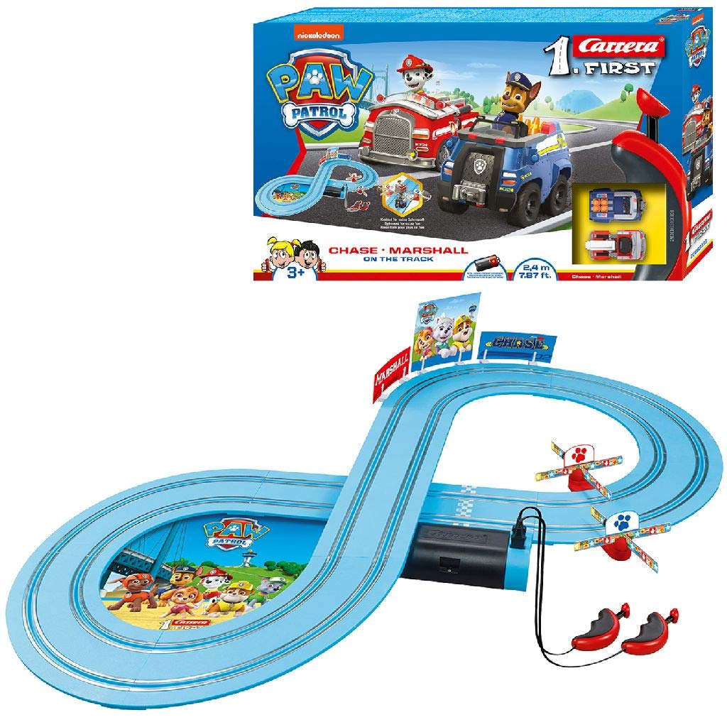 Carrera 369-3033 FIRST PAW PATROL On the Track 2.4m Racing Set | 2 remote-controlled vehicles featuring Chase and Marshall | includes hand controller + Duracell Plus C Alkaline Batteries, 4-pack