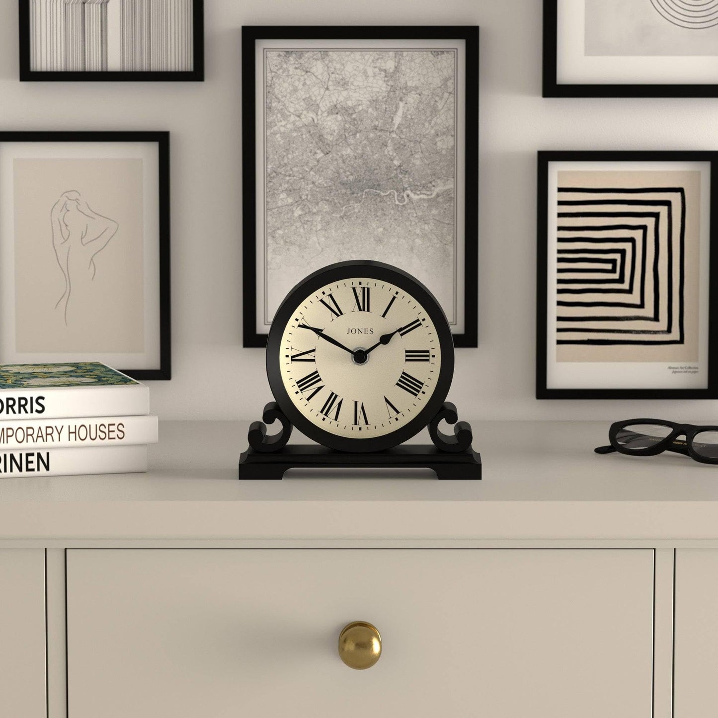 JONES CLOCKS® Saloon Mantel Clock | Traditional double bell design | Black | Roman numerals | Classic style for desk, table, shelf, or nightstand
