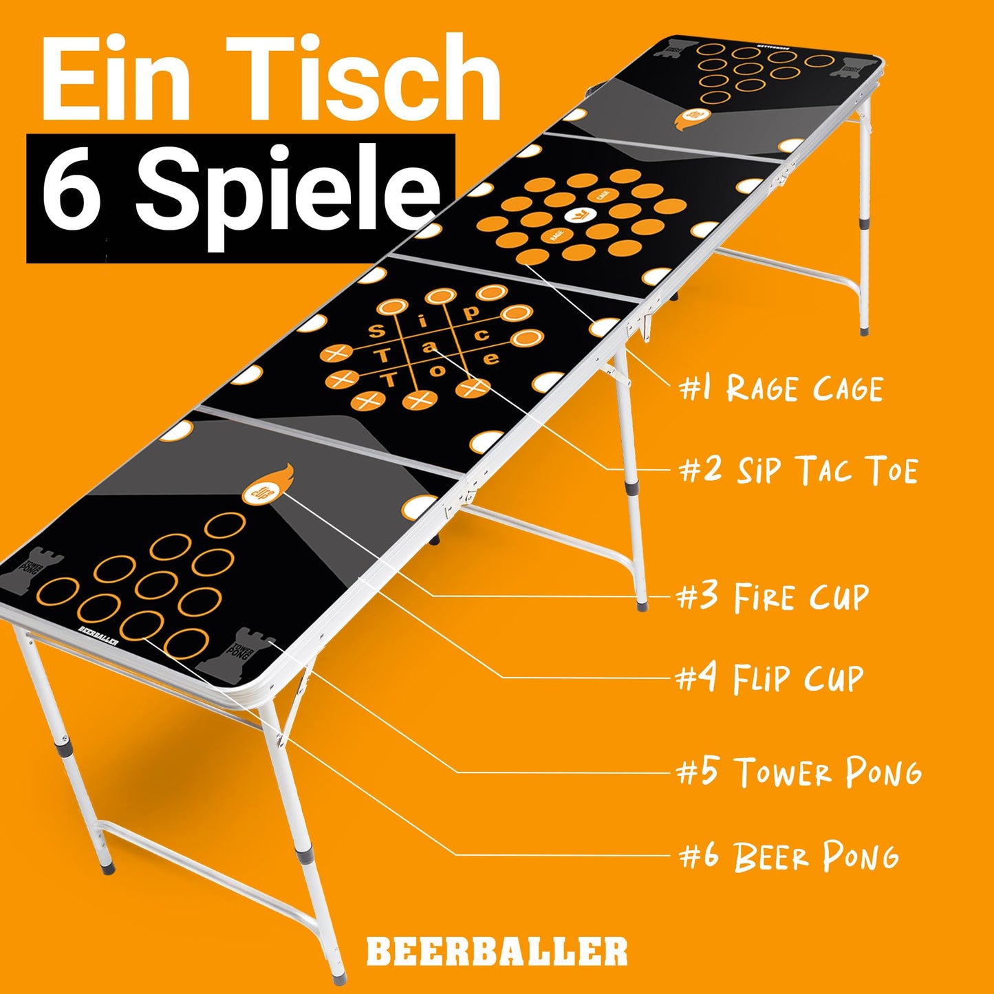 BeerBaller® Multigame Beer Pong Table - 6 party games in one beer pong table | Black frame, foldable & scratch-resistant surface | Ball holder with 6 balls included | Beer pong tables | Drinking games