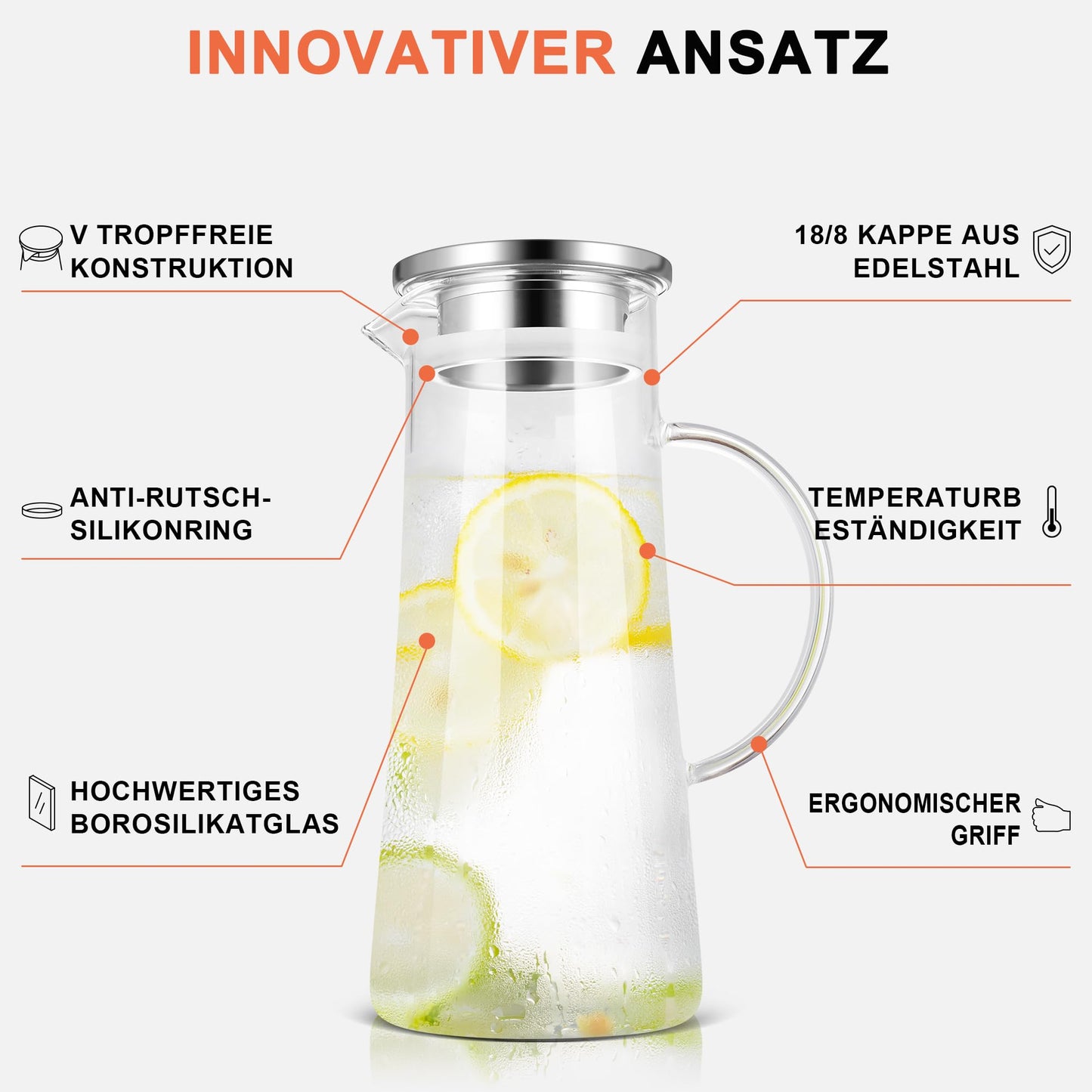 SUSTEAS 1.5 liter glass carafe, carafe with lid, iced tea jug water pitcher hot cold water iced tea wine coffee milk and juice beverage carafe water carafe