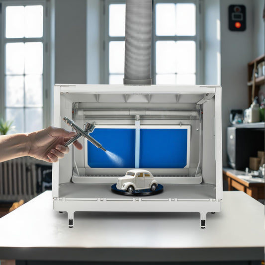 XPOtool airbrush extraction system with water wall 11mΒ³/min, waterfall water shield with LED, and fan for extracting paint mist, high-quality spray booth for airbrush work.