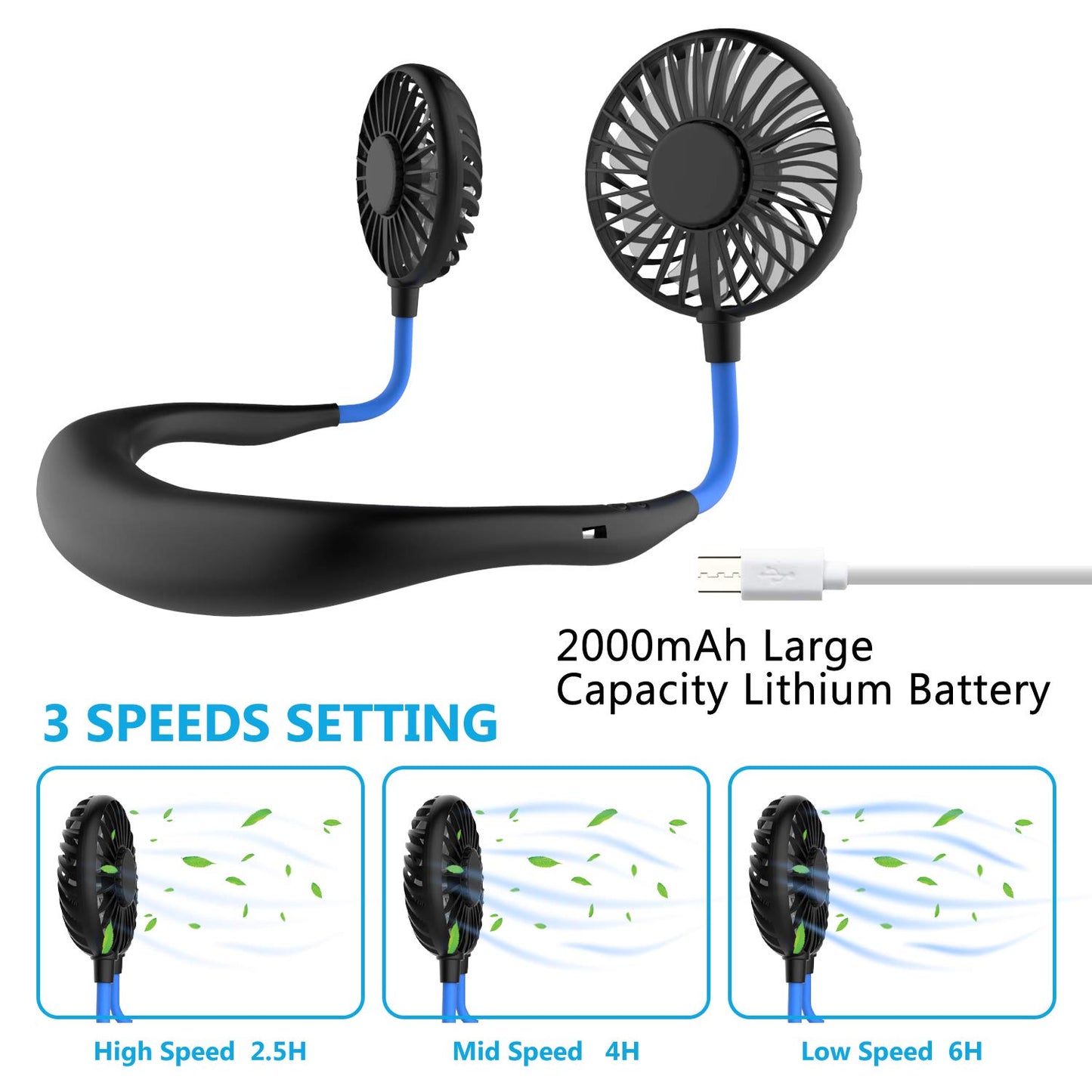 Ultra-light neck fan, USB neck fan, neck fan, quiet, 3 speeds, LED light, portable neck fan for outdoor, indoor, camping, travel, sports - black & blue.
