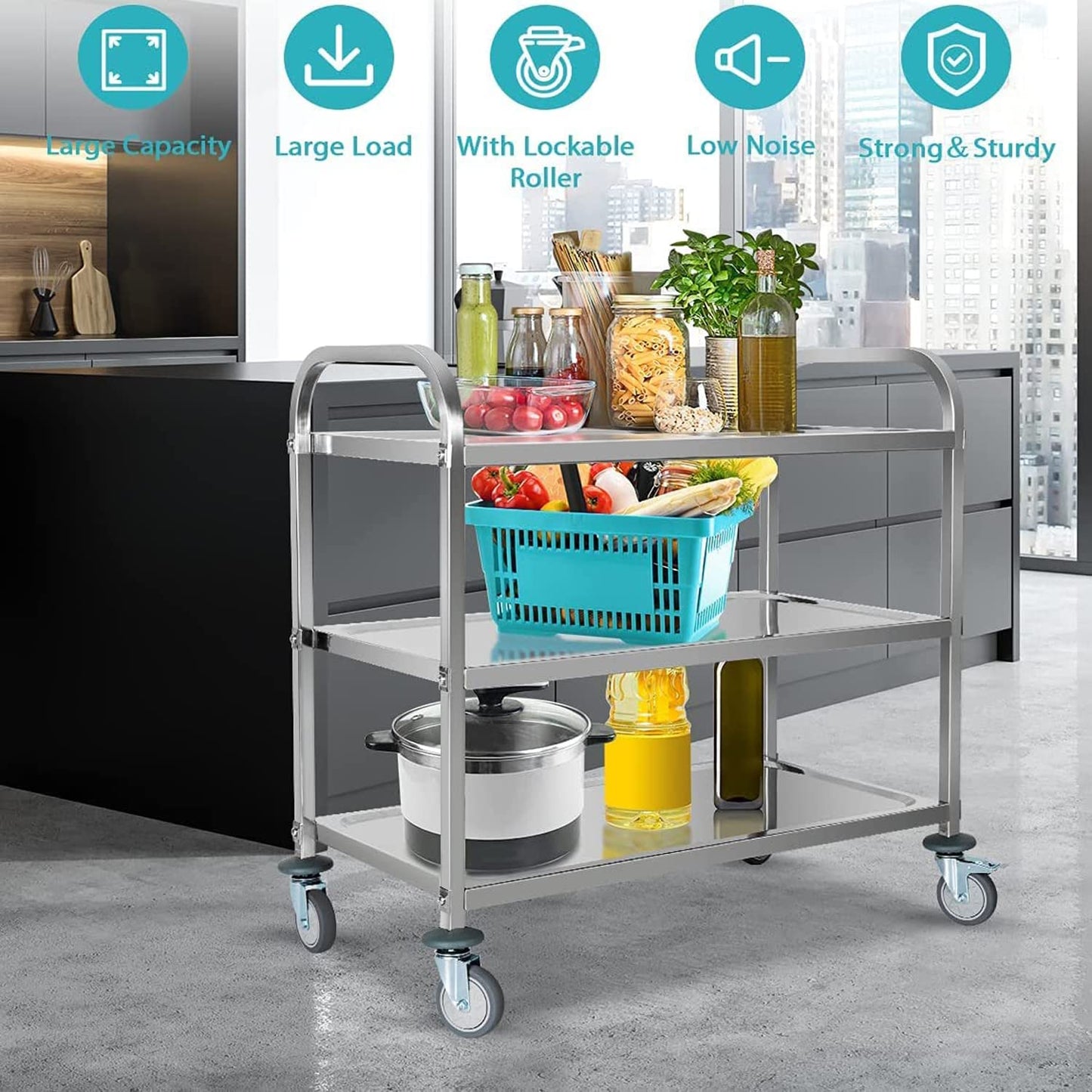 ybaymy Stainless Steel Serving Cart 3 Shelves Kitchen Trolley Stainless Steel Cart with Wheels Kitchen Cart on Wheels with Stainless Steel 95 x 50 x 95cm Food Cart, Capacity 240kg