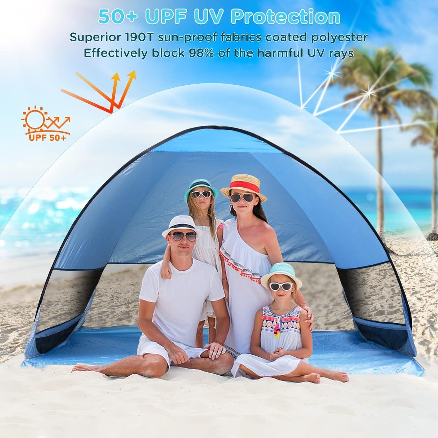 Beach tent Pop Up, Portable Extra Light Automatic Sun Shelter UPF 50+ for 3-4 people Family Sunshade Beach Camping, Hiking, Garden.