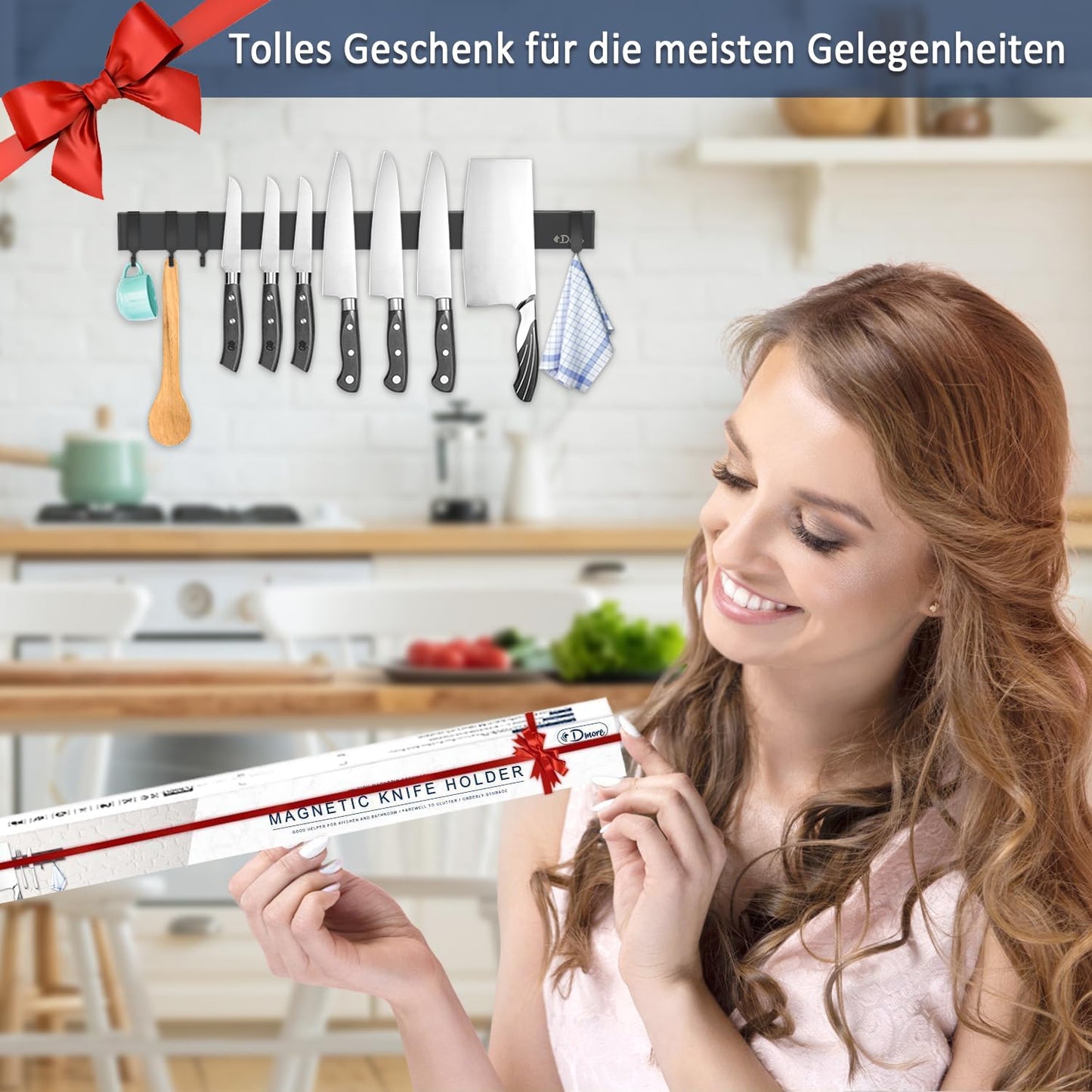 Dmore 50 cm magnetic knife strip with 4 hooks, black magnetic knife holder without drilling, strong magnet knife holder, includes adhesive tape and screws for knives, utensils, and tools.