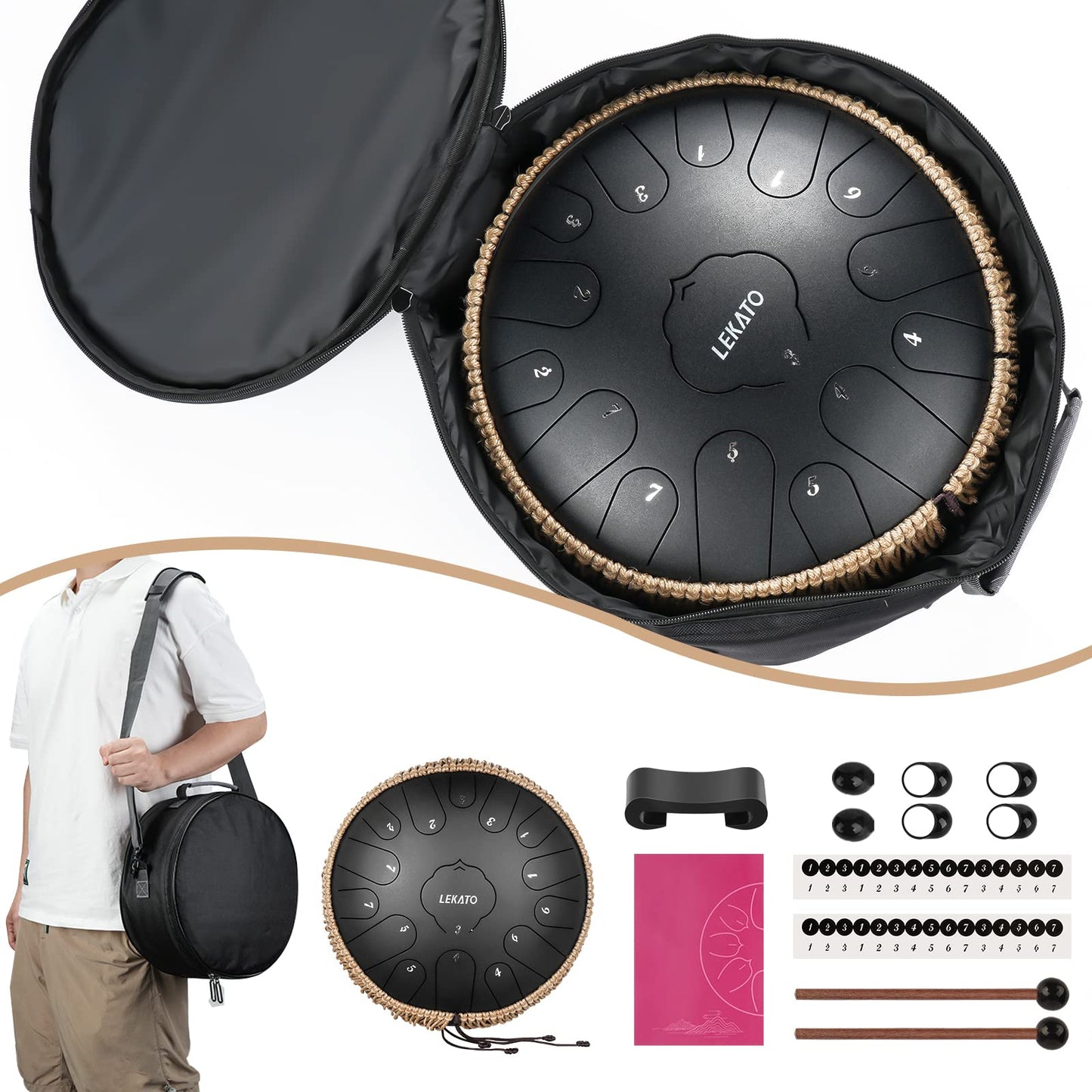 LEKATO Steel Tongue Drum, 13 inch, 15 Notes, Key of C, Handpan Drum with Carrying Bag, Percussion for Meditation, Yoga, Music Lessons, Black.