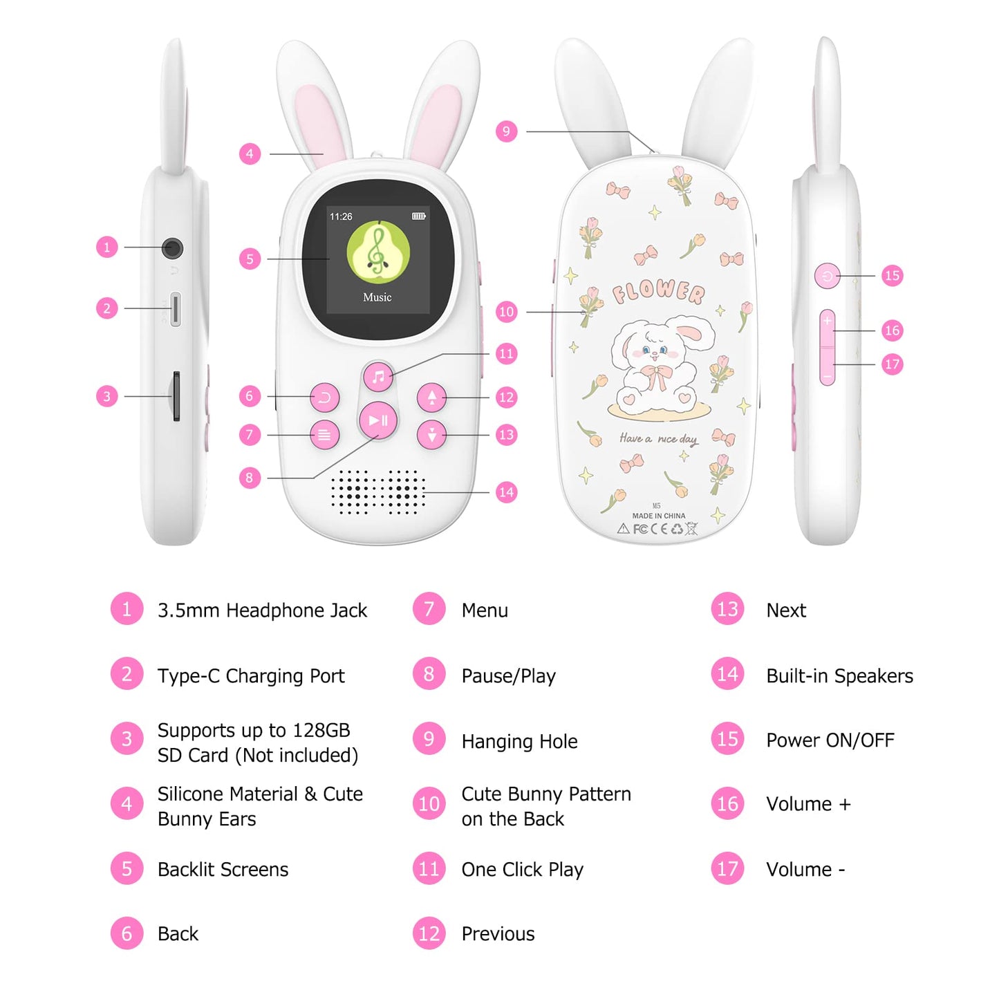 32GB Bluetooth MP3 Player for Kids, Cute Bunny Children's Music MP3 Player with Headphones & Speaker, MP3 Player with FM Radio, Recording, Alarm, Pedometer, Stopwatch, Supports up to 128GB.