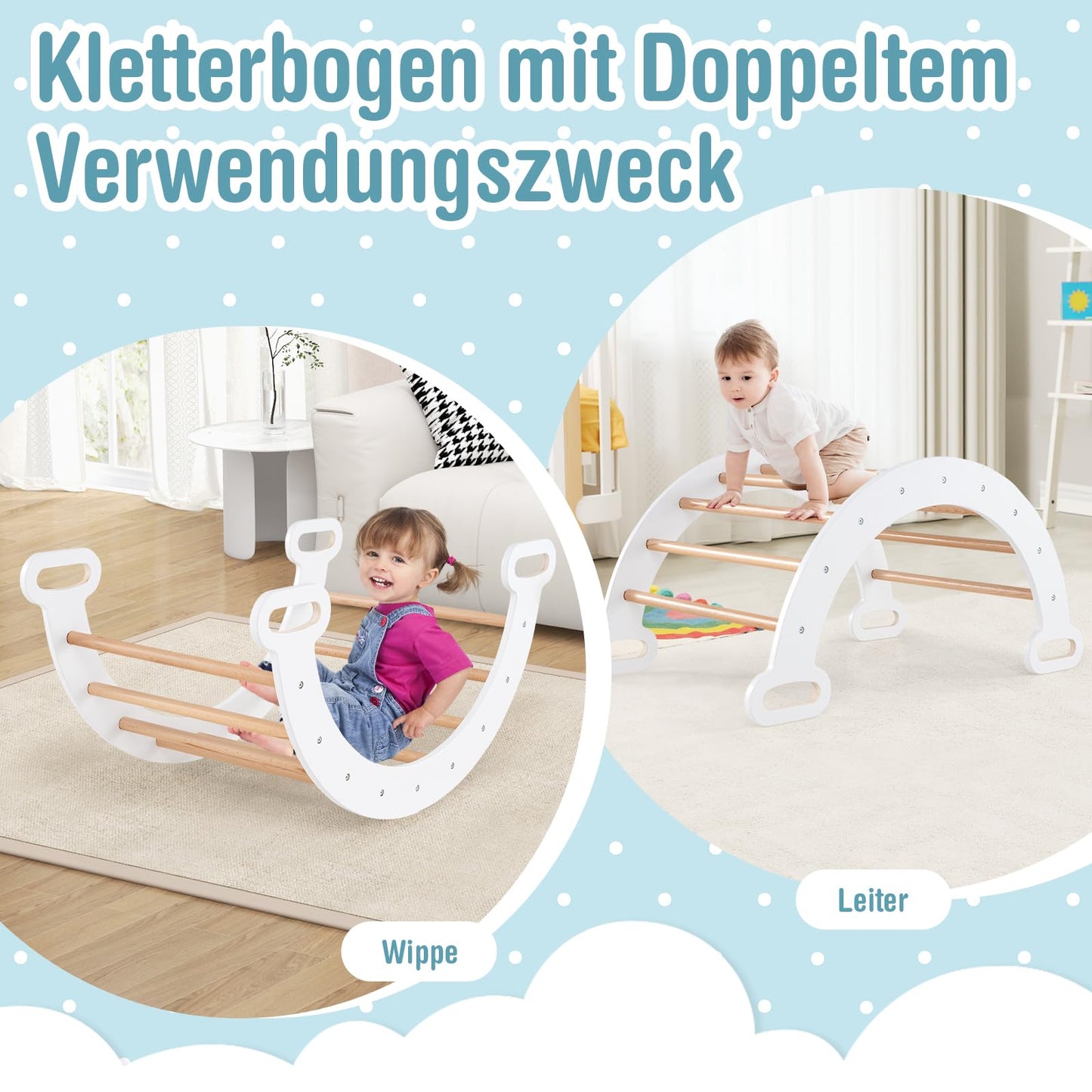 COSTWAY climbing triangle with slide, climbing arch, including double-sided ramp, for climbing, sliding and rocking, 4 in 1 climbing frame indoor from 1 year (White)