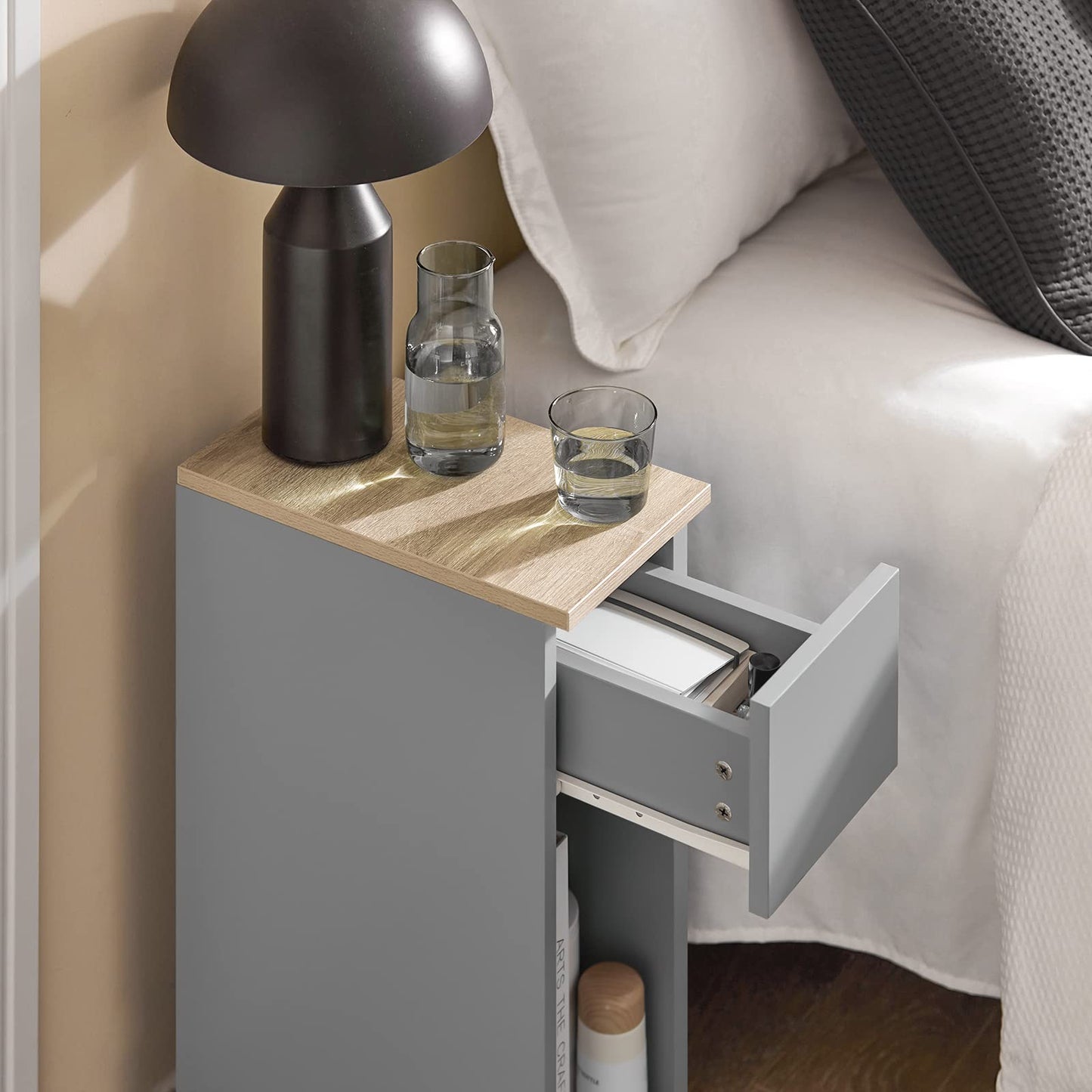 SoBuy slim bedside table with drawer and shelf nightstand for bedroom living room light grey B20 x D35 x H60 cm FBT111-HG