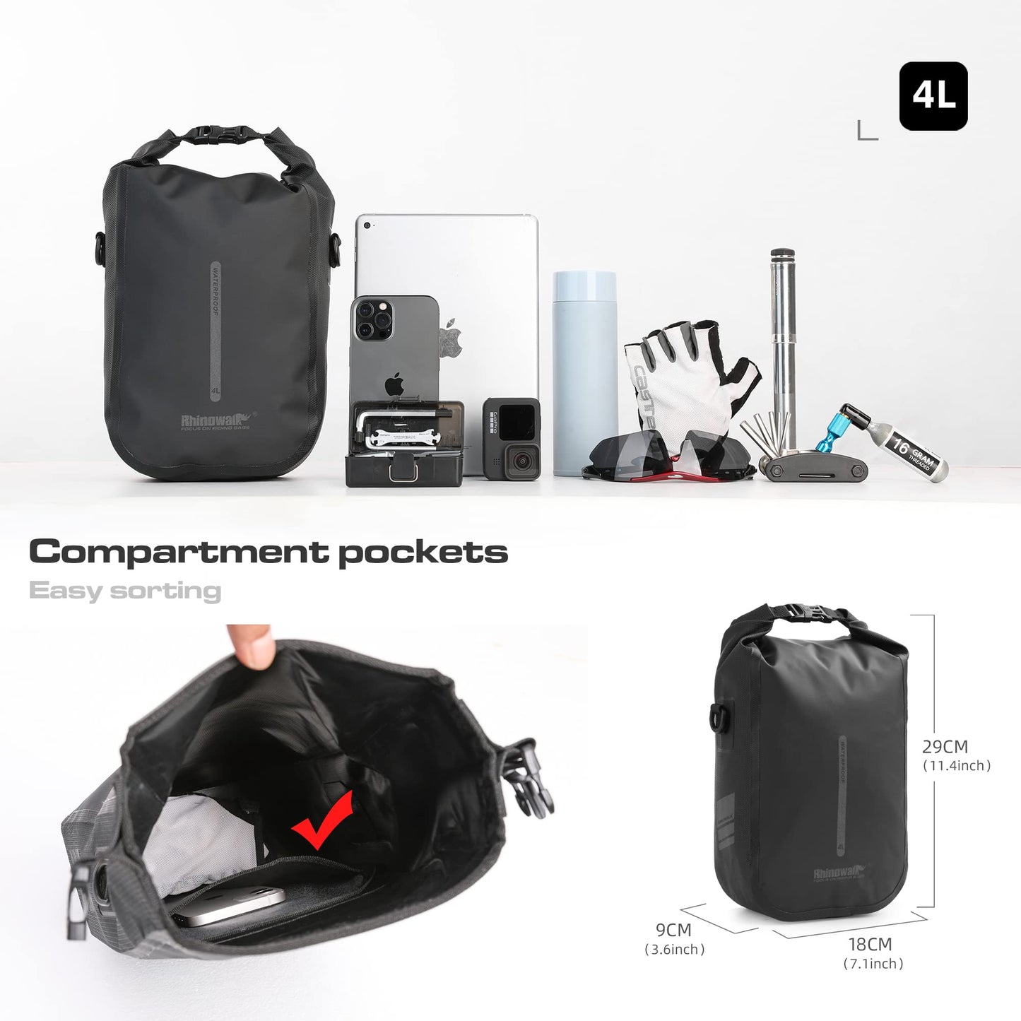 Rhinowalk Bike Rack Bag Waterproof 4/6L Front Bicycle Bag for Rack with Shoulder Strap.