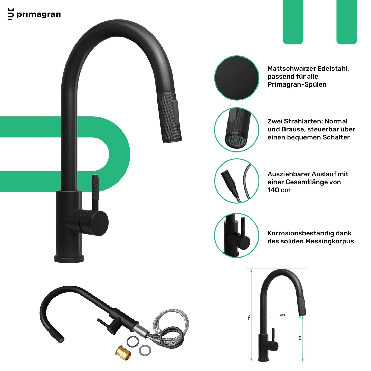 PRIMAGRAN Round Black Sink 53x53cm, Round Sink 1 Basin + Kitchen Faucet 40x20cm + Accessory Set, Kitchen Sink for 50cm Base Cabinet - Pisa Max S031