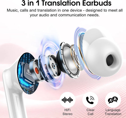 AI headphone translator, 3-in-1 Bluetooth 5.3 real-time voice translator headphones with 164 languages/6 translation modes, 40hr translator earbuds with ENC mic and app for learning, traveling, business Pink