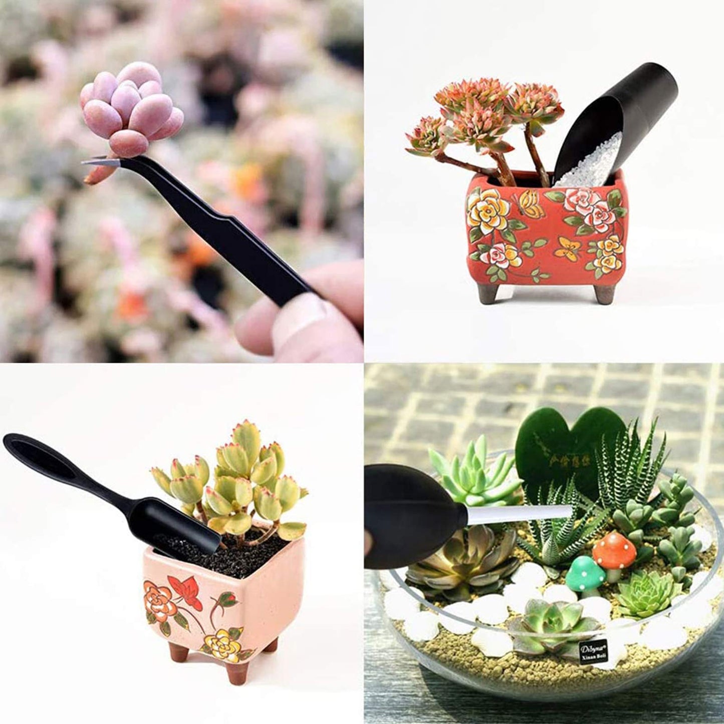 Succulent tool set, 14 mini hand garden tools + 1 pot mat, rake for indoor plants, garden hand tools black