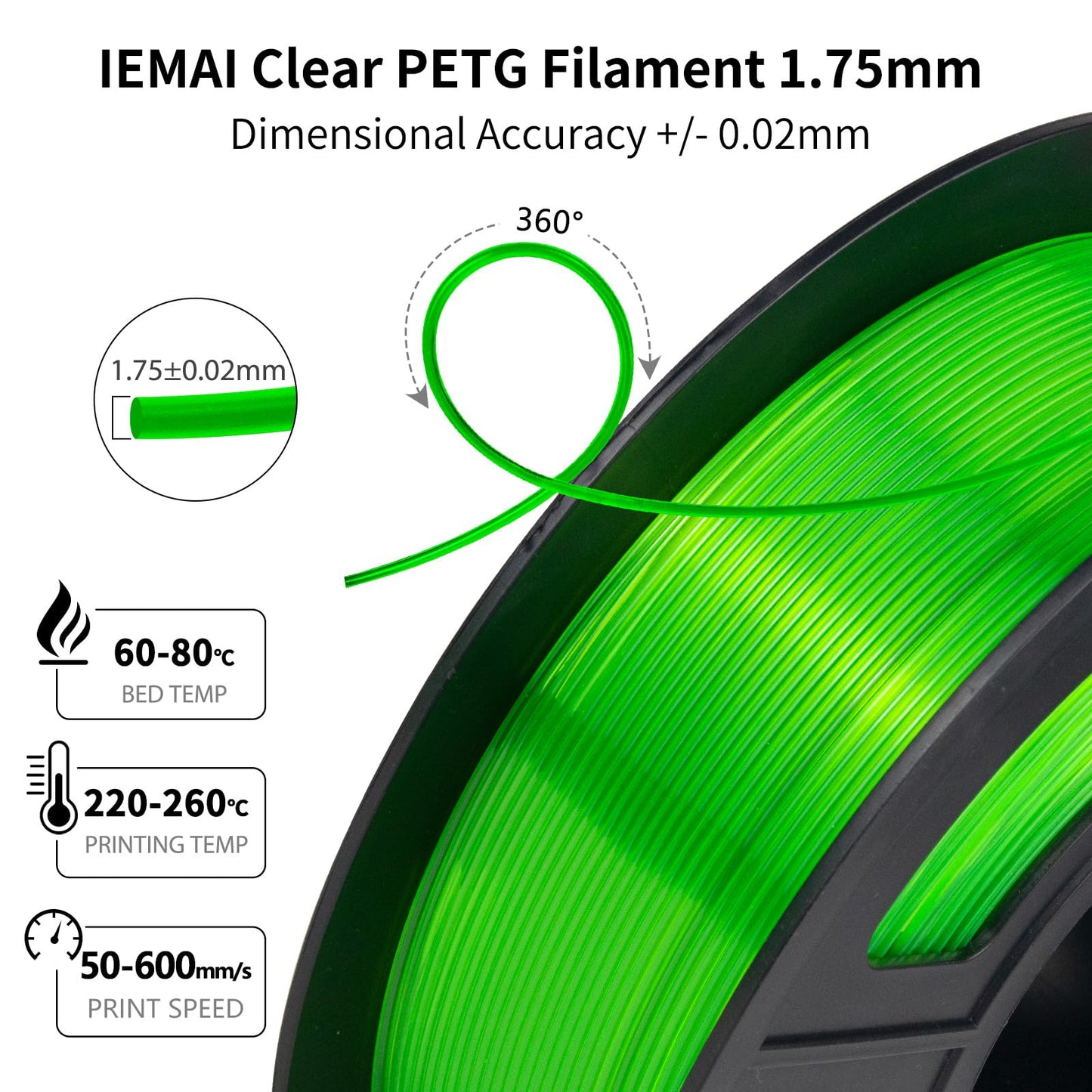 IEMAI PETG Filament 1.75mm, Transparent PETG Fluorescent Green 1Kg, High Speed 3D Printer Filament, Dimensional Accuracy +/- 0.02mm, Suitable for printing lampshades decorations