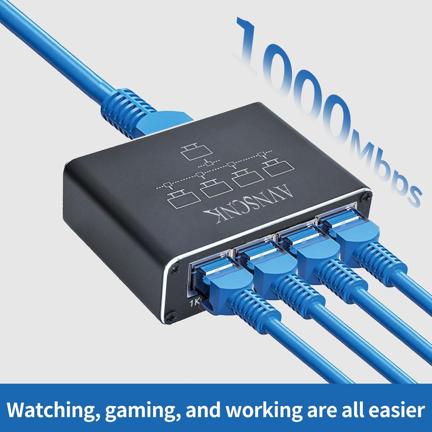 Network Switch 1 to 4, AVNSCNK 1000 Mbps LAN Switch 4 Port Gigabit LAN Distributor, Ethernet Switch with USB C power cord for computer, switch, router, set-top box, ADSL, digital TV.