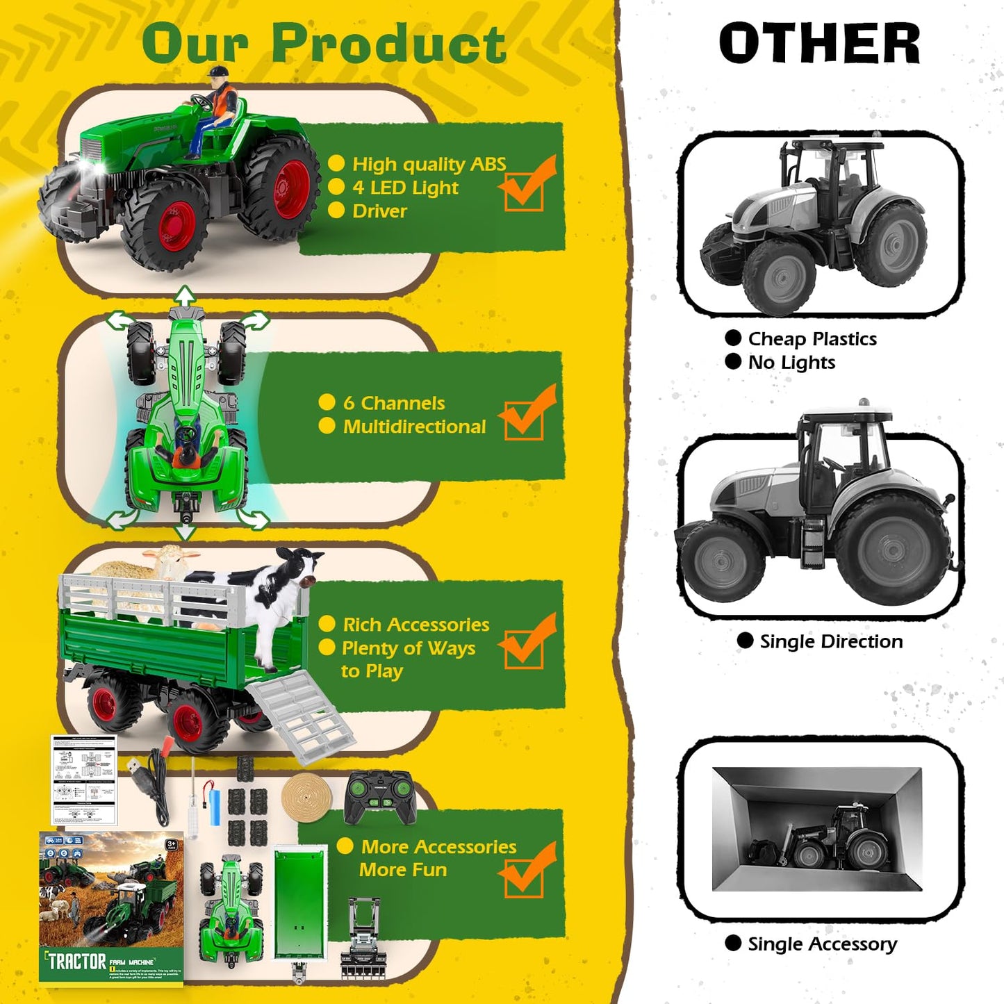 PENGBU RC Remote Control Tractor with Trailer, 2.4 GHz Remote Control Toy Tractor, Kids Tractor Remote Control with Front Loader, Trailer, Cow, Sheep, and Hay Bales for ages 3-8.
