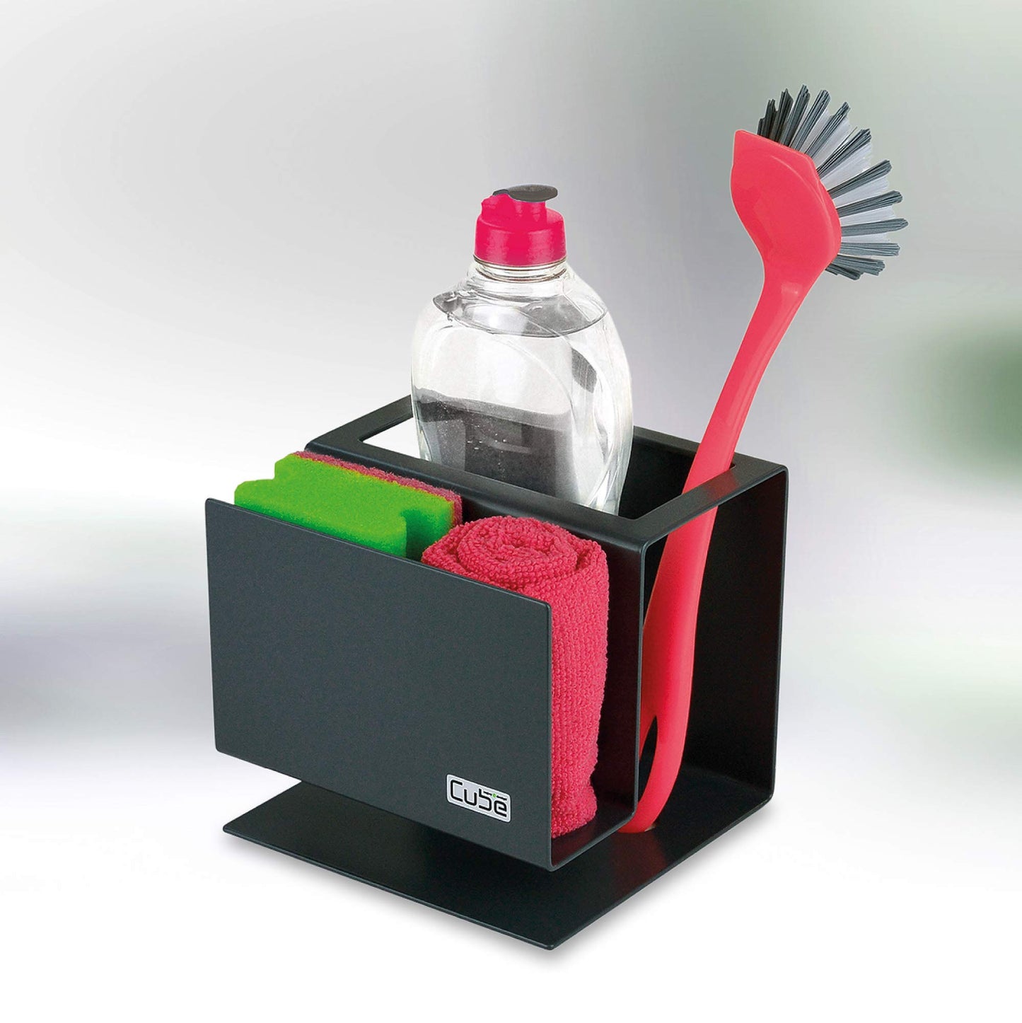 Cube sink organizer set Made in Germany: Award-winning kitchen organizer including soap dispenser & dish brush - Elegant & practical sink organizer for a tidy kitchen - Grey sink set.