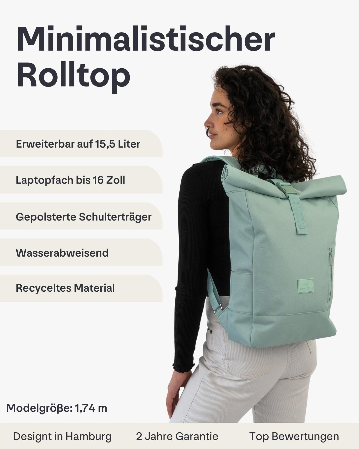 Johnny Urban backpack for women & men in mint color - Robin Medium - Rolltop design with laptop compartment for university, business, and cycling - 15L capacity - Sustainable and water repellent.