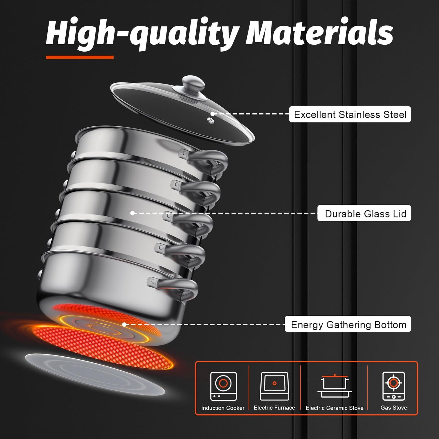 Steamer steam cooker, 5-tier stackable stainless steel steamer pot with glass lid, diameter 26/28/30cm (30cm)
