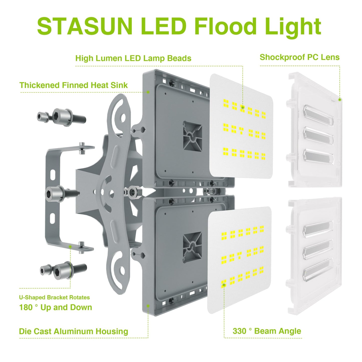 STASUN 100W LED Flood Light Outdoor, 10000LM Super Bright LED Floodlight Outside Spotlight, IP66 Waterproof, 6000K Daylight, 2 Floodlights with Adjustable Head, for Garden, Garage, Hotel, etc.