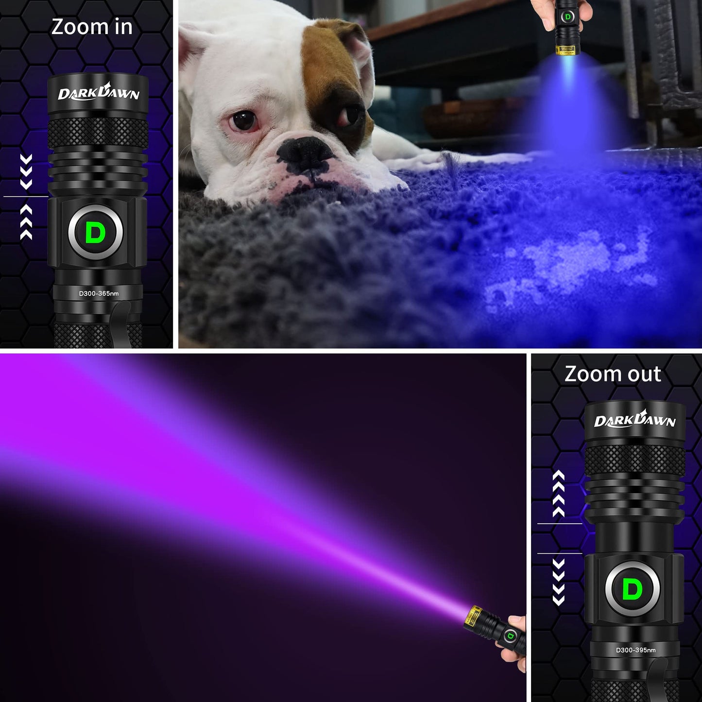 DARKDAWN UV flashlights 365nm and 395nm light USB rechargeable, ultraviolet LED blacklight woods lamp, mini detector for pet urine, stains, uranium glass, amber, resin curing, 2 pieces.