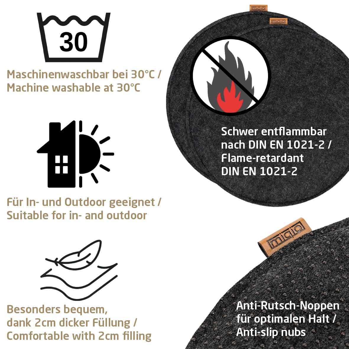 Miqio Design Felt Seat Cushion Round with Non-Slip Dots | 35cm | Set of 4 | Indoor and Outdoor | Sustainable made from recycled PET bottles | Washable Chair Cushions Non-Slip | Dark Grey