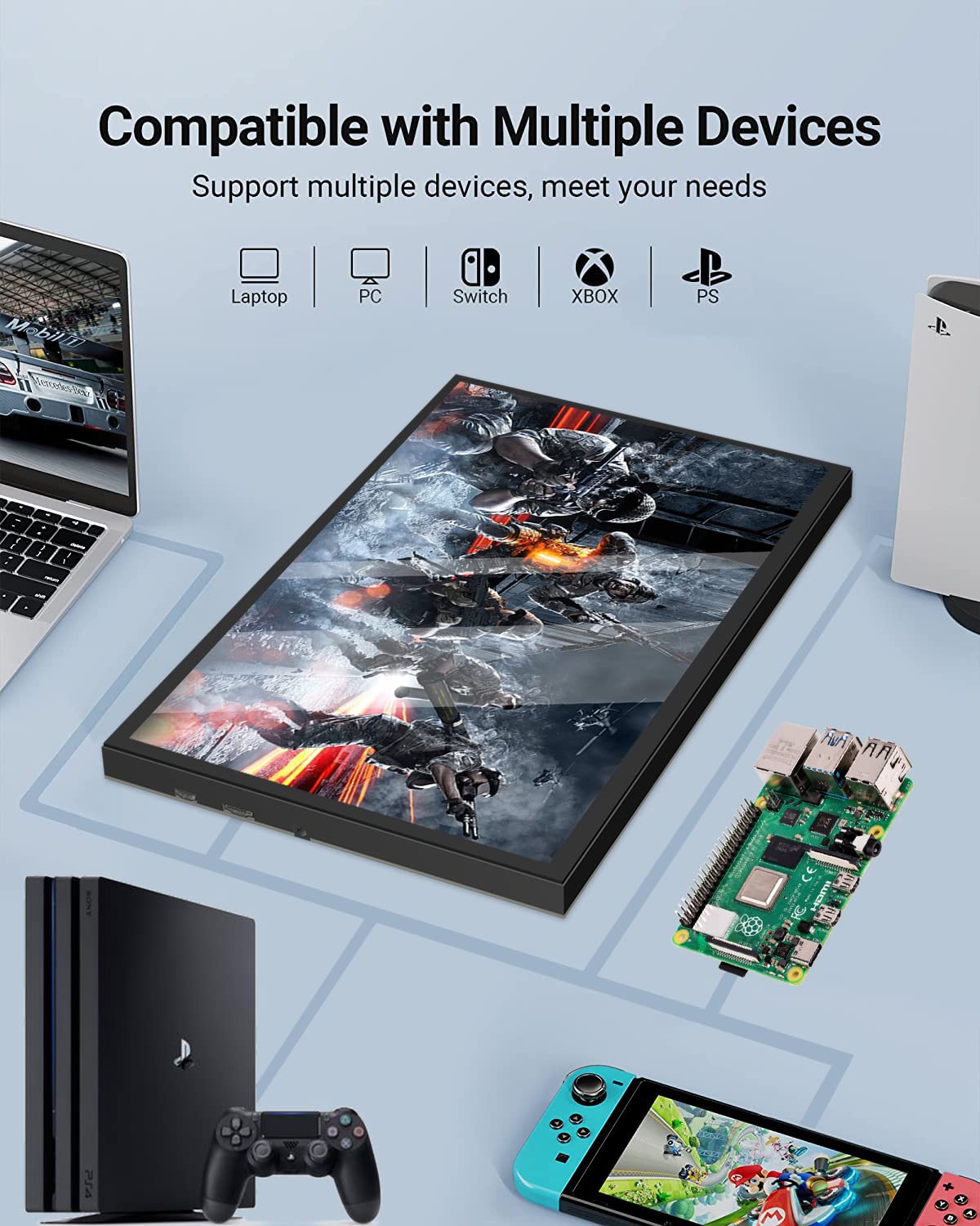 Jun-Saxifragelec Portable Monitor 10.1 inch IPS Touch Screen 1024 * 600, gaming monitor with stand, for Raspberry Pi screen