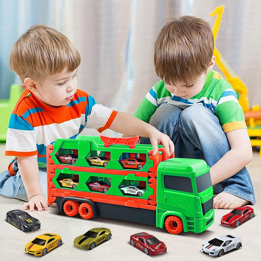 VATOS Transport Truck Toy Cars for boys aged 3, 4, 5, 6 years old, portable race track truck toy car with 6 race cars, transporter vehicle toy set for kids.