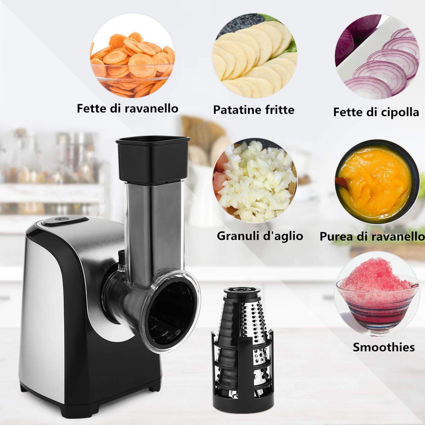 Electric vegetable chopper 5 in 1, 150W kitchen appliance, spiralizer for fruit and vegetable noodles.