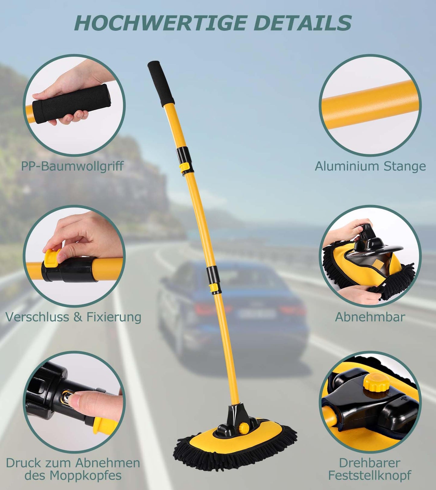 Innhom 15° Curve Car Wash Brush Telescopic Wash Brush, Wash brush with telescopic handle, Car wash brush with handle Long handle for cars, RV, SUV, truck, with 2 x mop heads (Yellow (Mop with 2 heads))