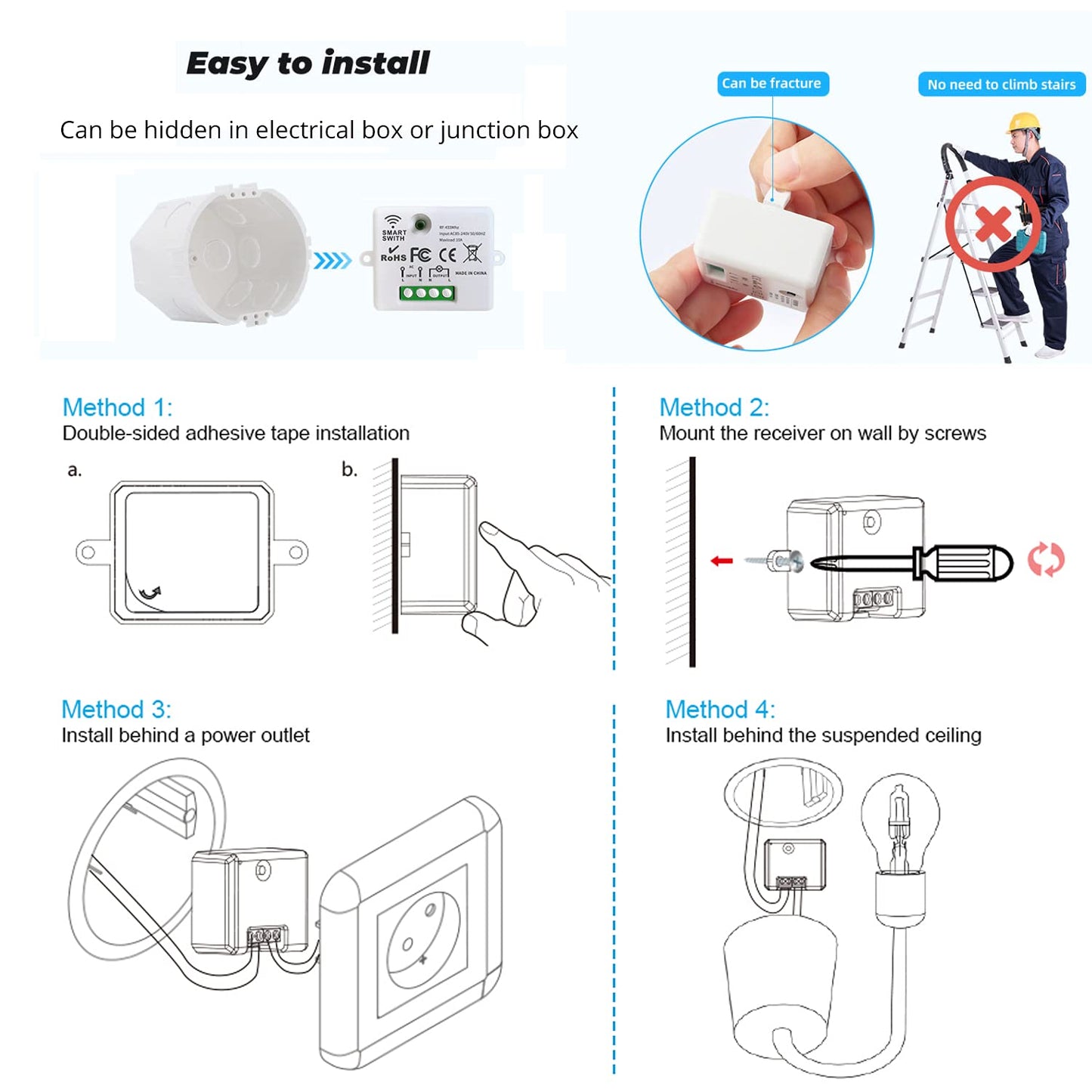 This RC radio light switch, radio transmitter security switch, and receiver controller 10A, easy installation for lamps up to 1500W.
