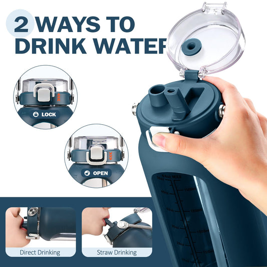 BLUEGO 2000ml glass water bottle with stainless steel handle and time marking 2L drinking bottle borosilicate glass with silicone sleeve and straw for gym outdoor sports water bottles BPA free, dark blue