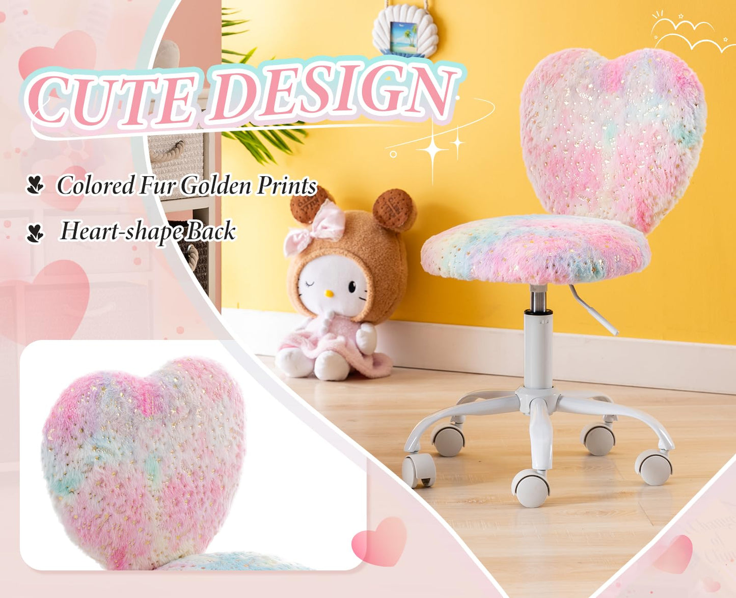 Chairus kids' desk chair made of faux fur. Adjustable height swivel chair without armrests. Study chair computer chair with heart-shaped backrest (Colourful)