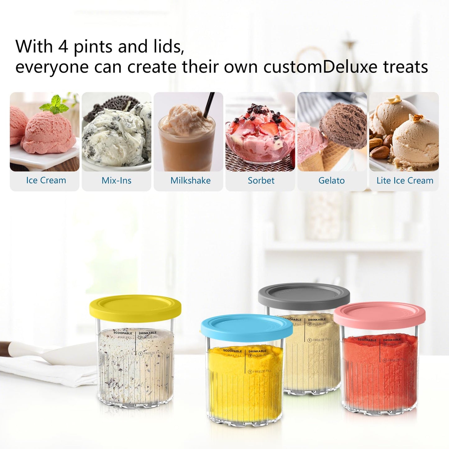 4-pack of Vione replacement Ninja Creami Deluxe Pints and Lids. 24 oz. pint containers compatible with NC501, NC500 series. BPA-free, dishwasher safe, assorted colors.