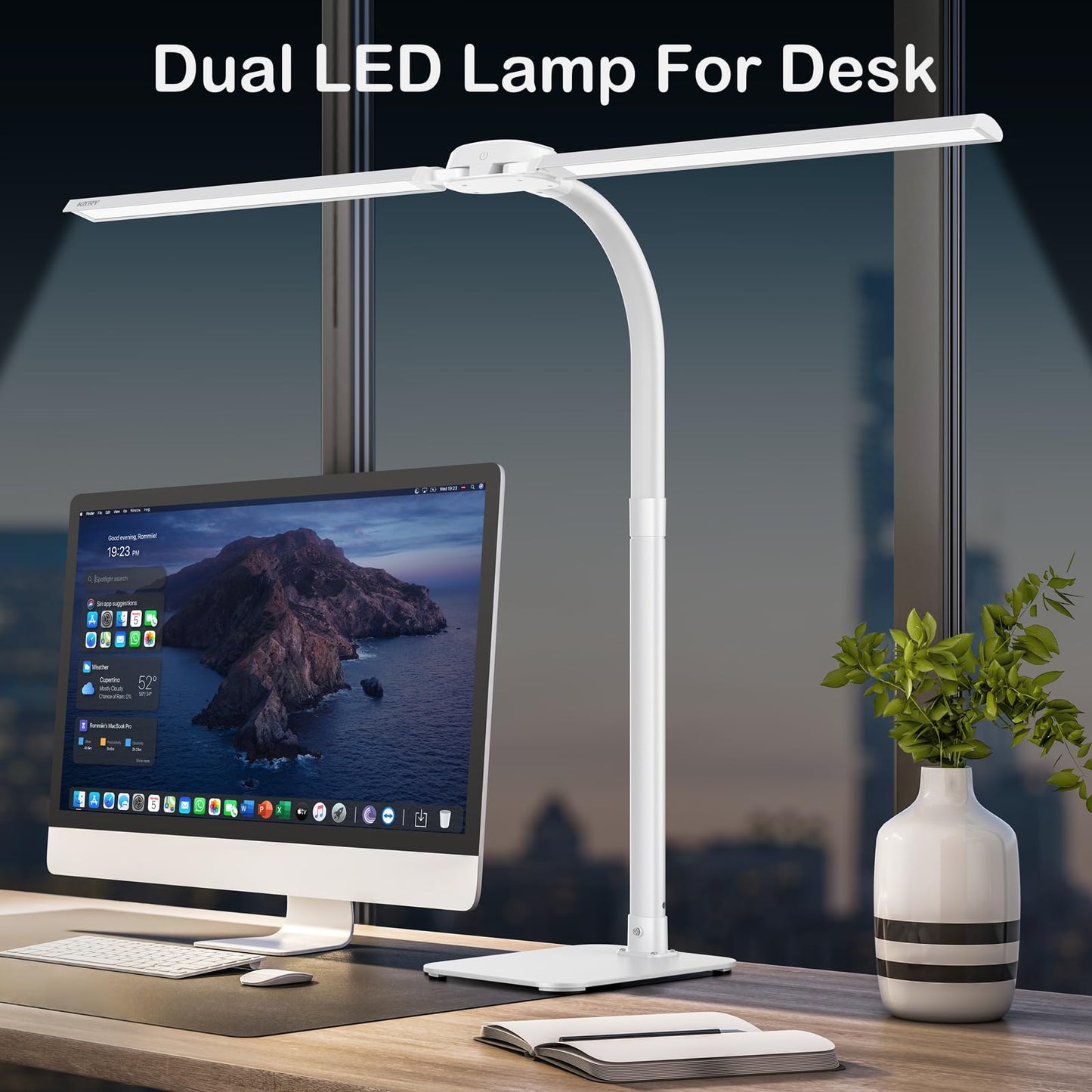 Kary LED Desk Lamp Dimmable with USB Charging Port and base, 24W Ultra Bright Dual Head Table Lamp for Office, Work, Design, Reading, Eye-Care Lamp with Remote Control, White
