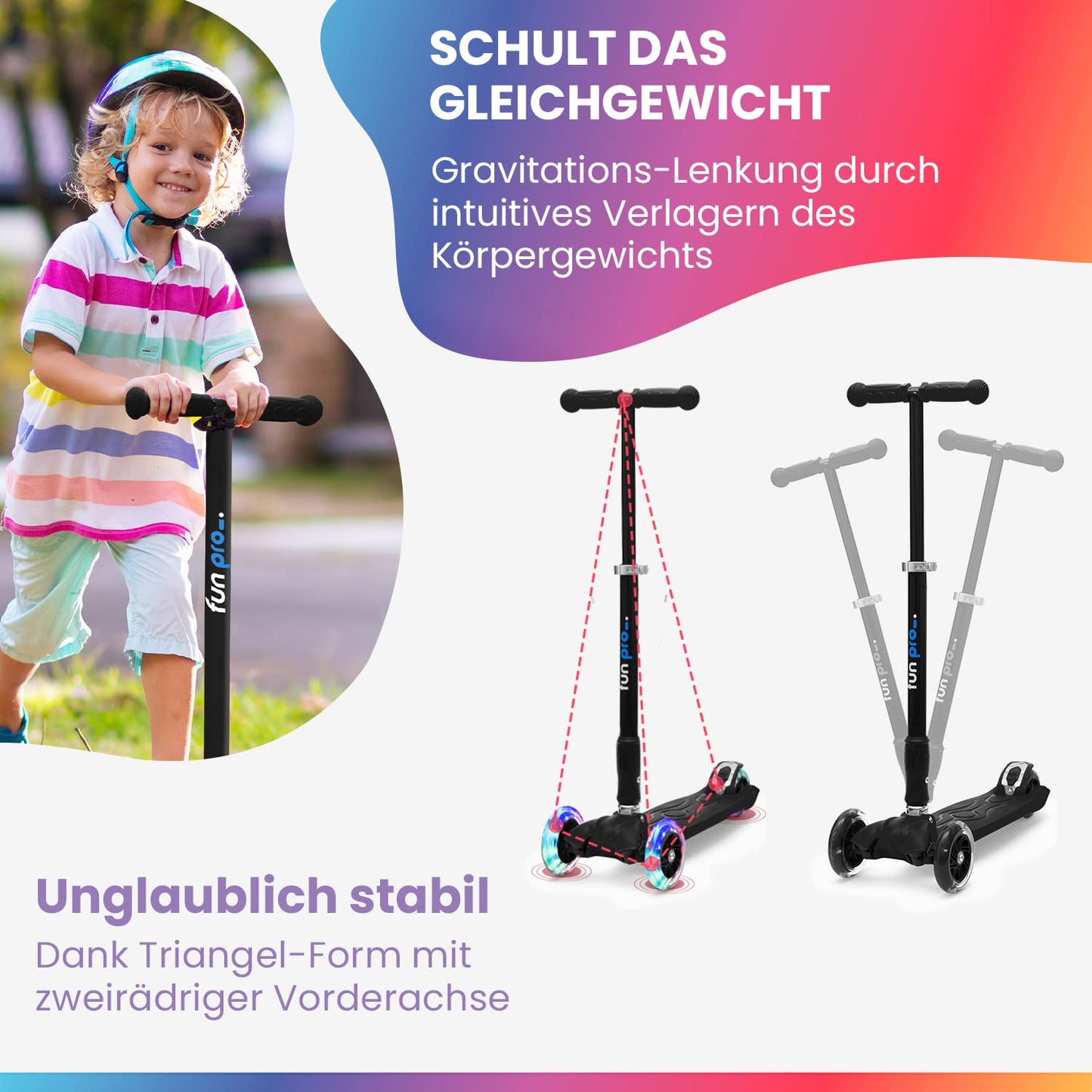 Fun Pro Two-wheeled scooter for children 6 years and up, preschool age and up to 80KG weight. The safe premium scooter for kids with LED wheels, foldable, for ages 5-9.