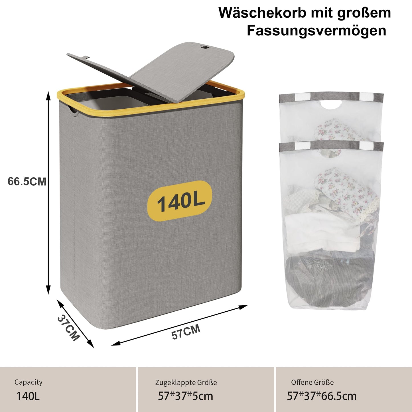 Adel Dream 140L laundry basket with lid, 2 compartments, laundry bag can be folded (Grey)