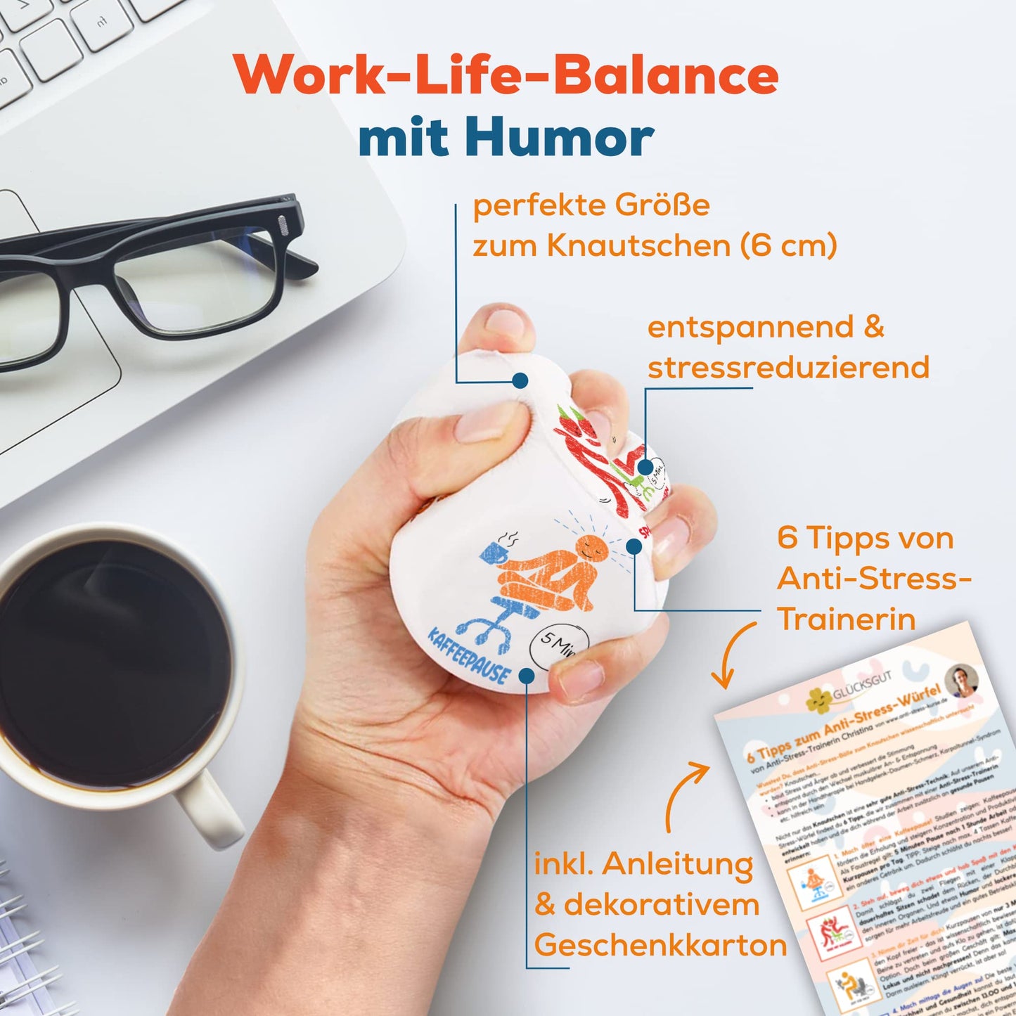 GLÜCKSGUT® Anti-Stress Cubes | 2-Pack Pictograms | Funny stress cube | 6 designs, gift box & instructions | Toy for stress relief, coworkers & office gift