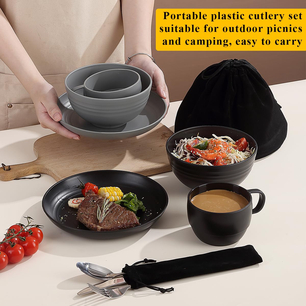 Mountain country camping cutlery set of 2 pieces, reusable cutlery sets with knife, fork, spoon, cups and plates, and bowls, portable travel cutlery set, easy to clean, dishwasher safe.