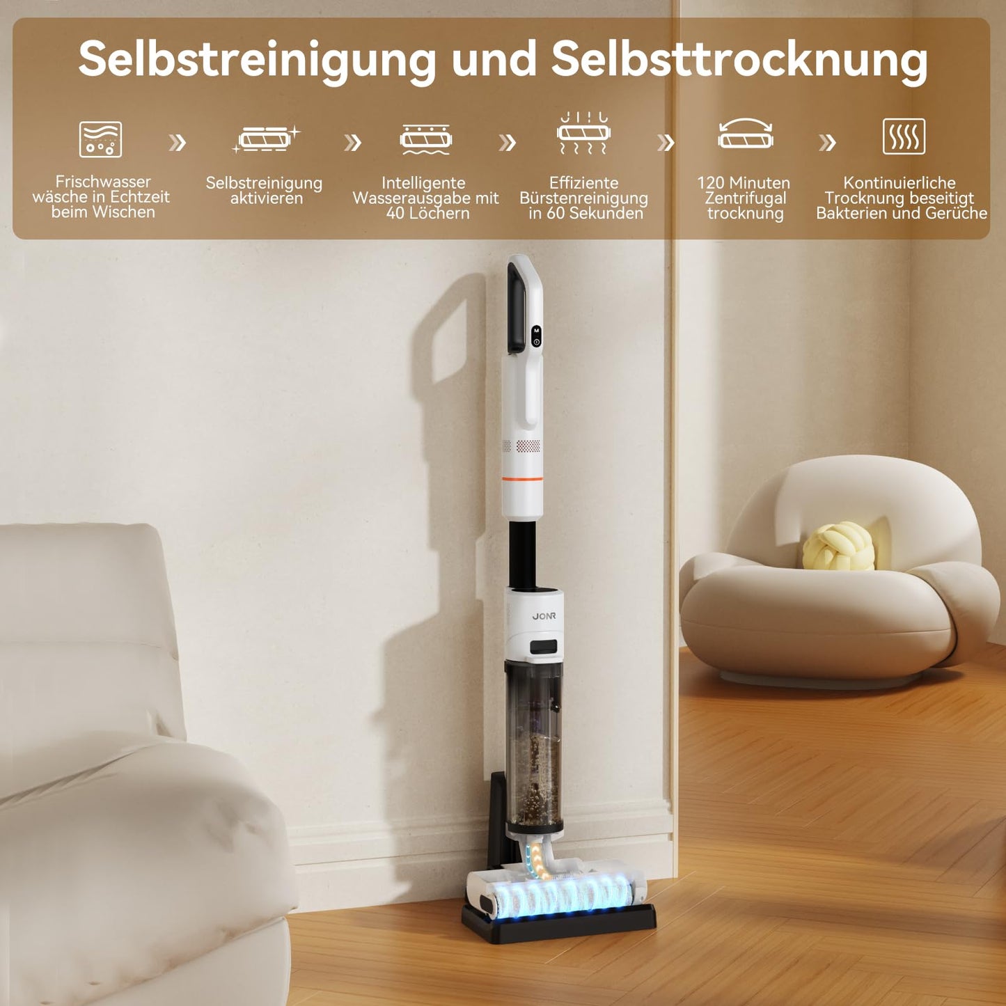 JONR ED20 Pro 4-in-1 Wet Dry Complete Vacuum, 17000 Pa suction power, self-cleaning and automatic drying with one click, Intelligent voice reminder