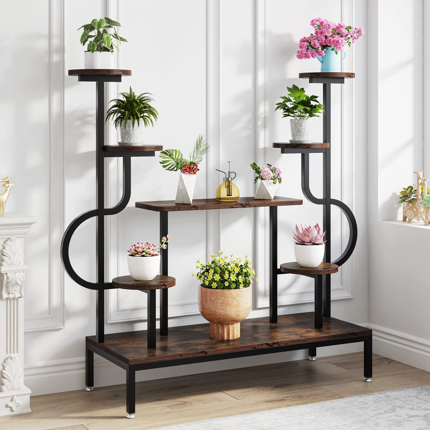 Tribesigns 5-tier metal plant stand for indoor and outdoor use. Multi-level flower stand flower ladder plant ladder wood pot holder for living room balcony (Rustic Brown)