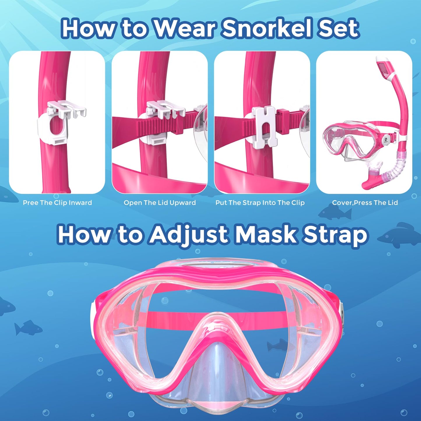 RIOROO Kids Diving Mask, Snorkel Set for Boys Girls, Kids Swim Goggles with Nose Cover Anti-Fog Anti-Leak Diving Mask 180° Panoramic HD Swim Mask for 4-14 Years