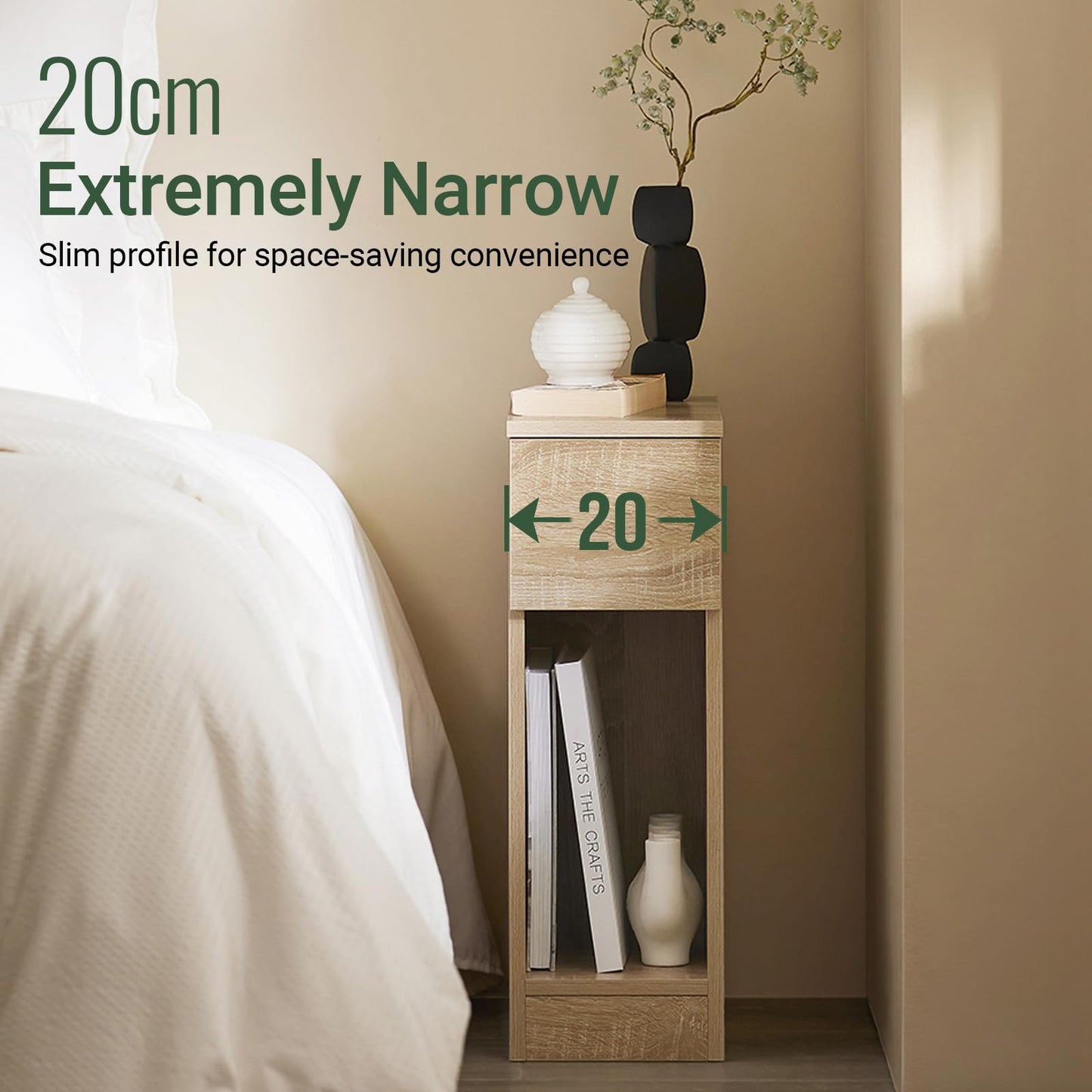 SoBuy 2-piece set of narrow bedside tables with drawer and shelf, nightstand for bedroom living room, natural wood, W20 x D35 x H60 cm FBT111-Nx2