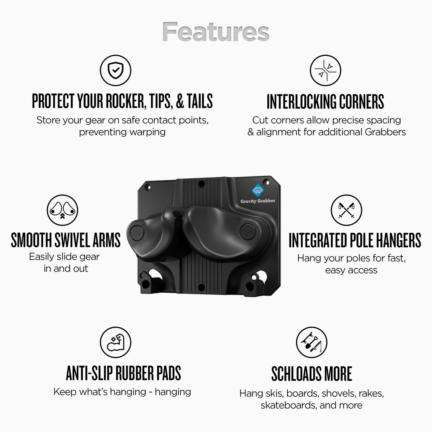 Gravity Grabber Ultimate Ski & Snowboard Wall Mount - Fits any Ski/Snowboard - for Damage-Free Storage of Rocker and Tips - 6X - Black