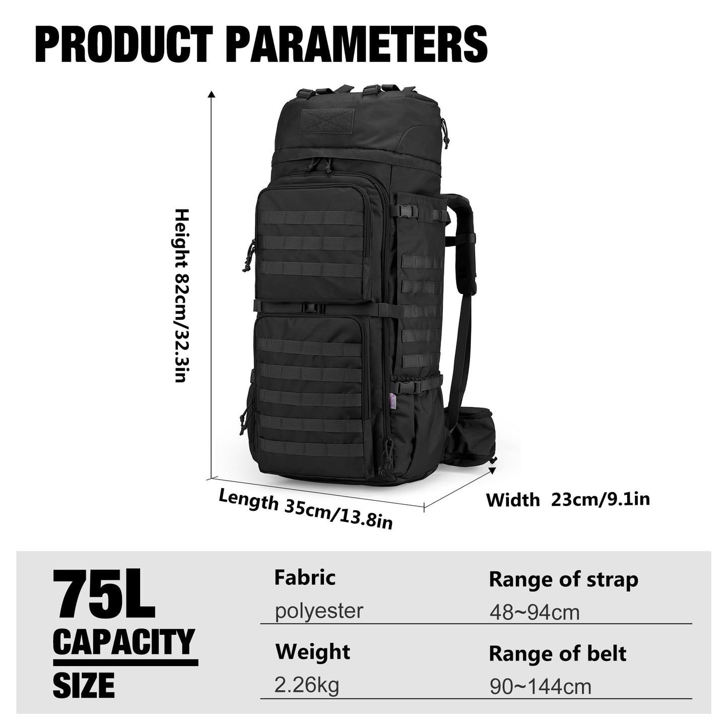 Mardingtop 75L Tactical Backpack with Rain Cover, MOLLE System Hiking Backpack Large Capacity Outdoor Backpack for Trekking, Hiking, and Camping.