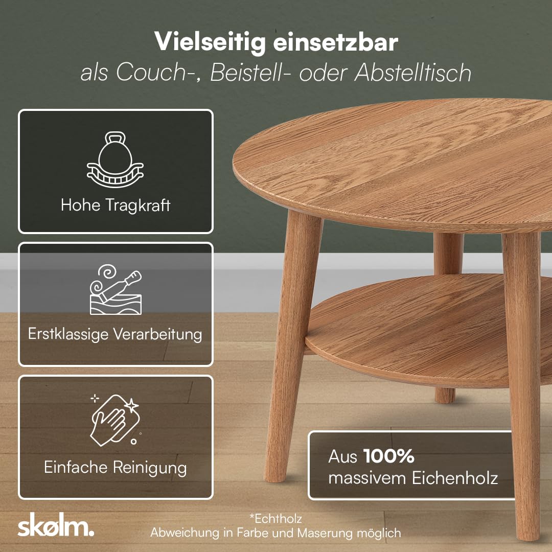 Skølm Mjölnir coffee table round - living room table wood - high-quality side table for living room - coffee table made of solid oak wood, dark oiled natural - sofa table with shelf - coffee table Ø70 cm.