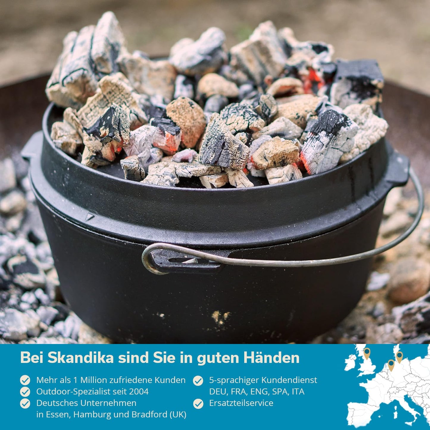 Skandika Dutch Oven Flame Master 5.1 L | Cast iron pot for cooking, includes recipe book by the Sauerländer BBCrew, pre-seasoned, without feet, lid lifter, carrying bag | Fire pot for grilling, camping