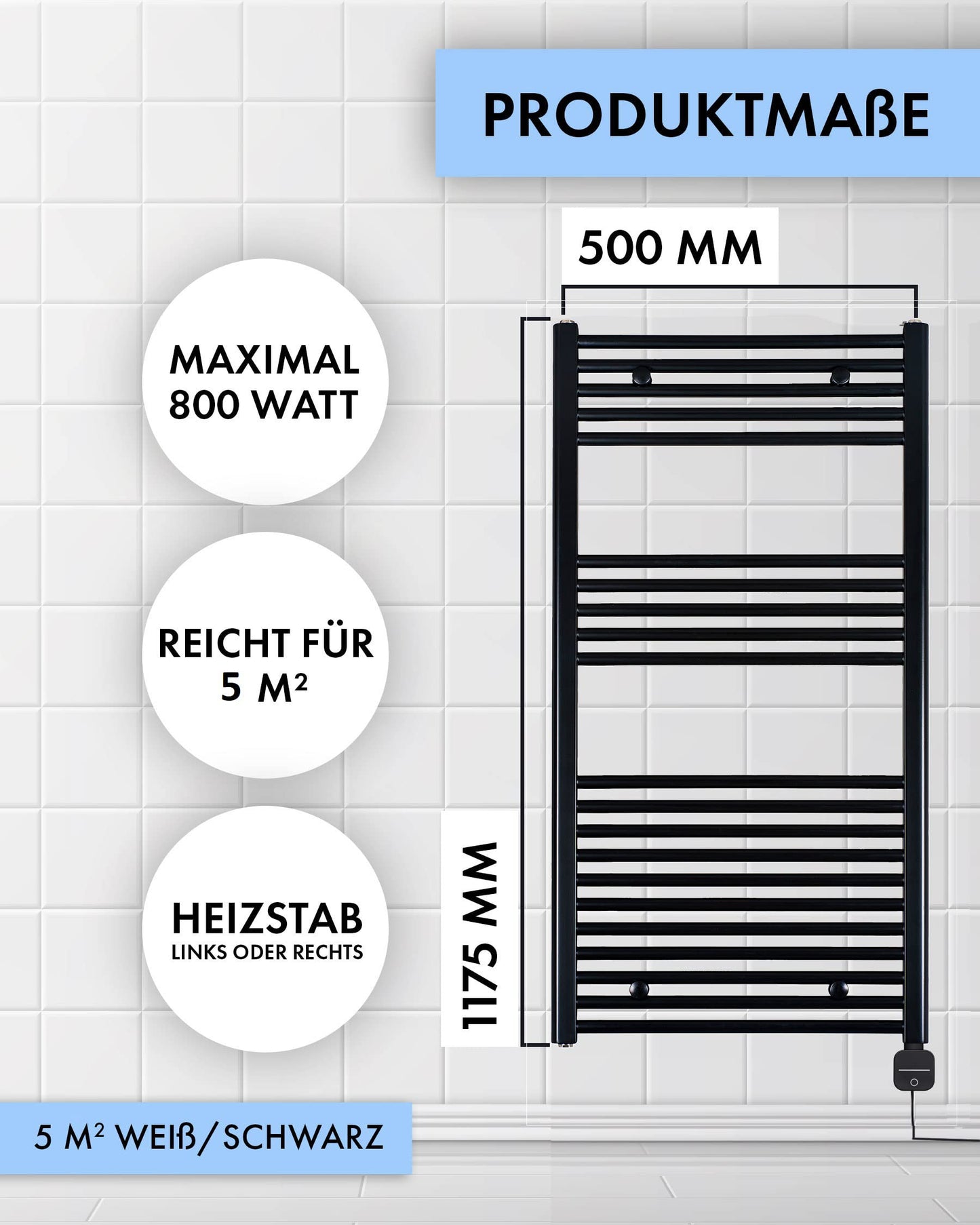 anapont electric bathroom radiator 1175x500 - white straight - timer function - towel radiator - electric bathroom heater - towel heater - Made in Germany