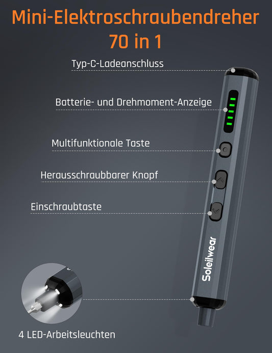 Mini electric screwdriver set, 70 in 1 battery screwdriver with 64 S2 magnetic steel bits, 5 torque settings, precision screwdriver kit suitable for repair for phone, laptop, camera, watches.